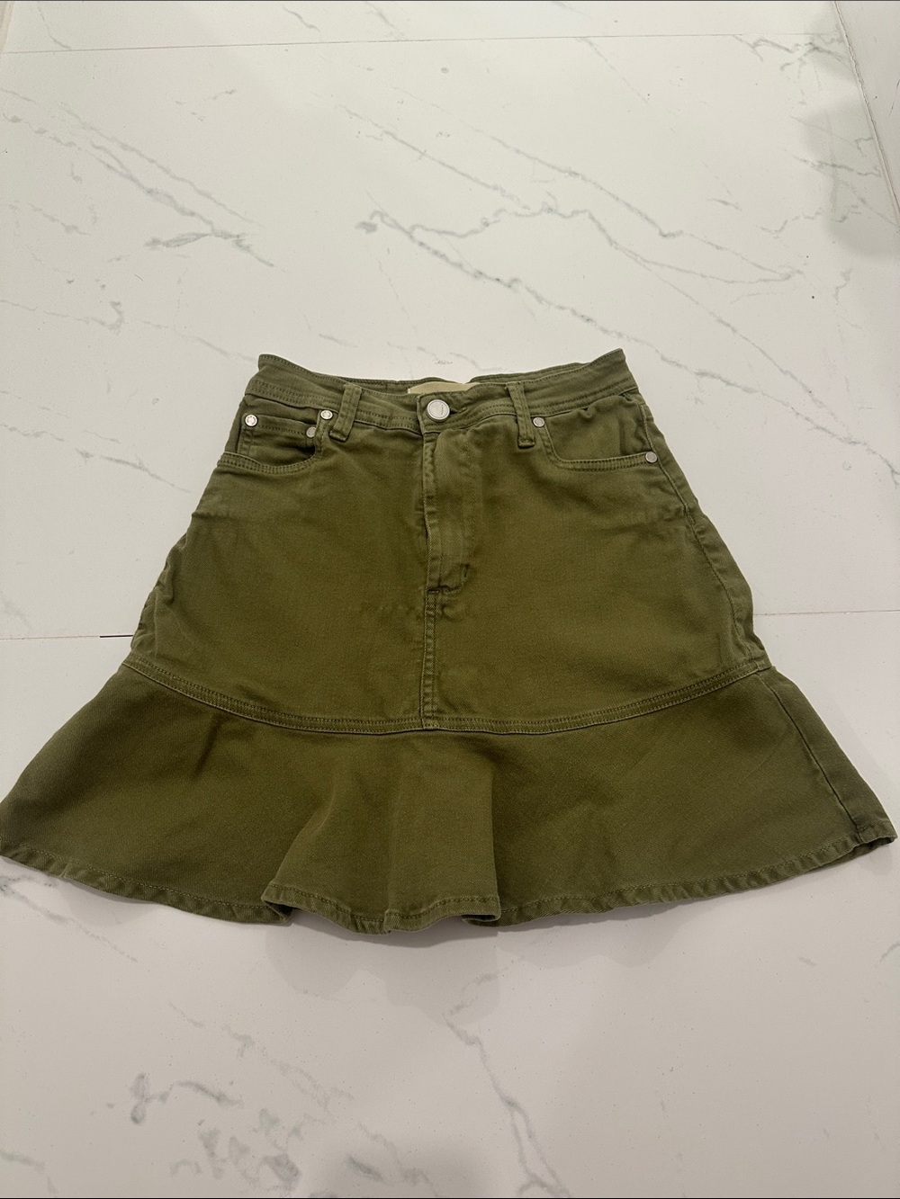 Women's Olive Green Ruffle-Hem Mini Skirt